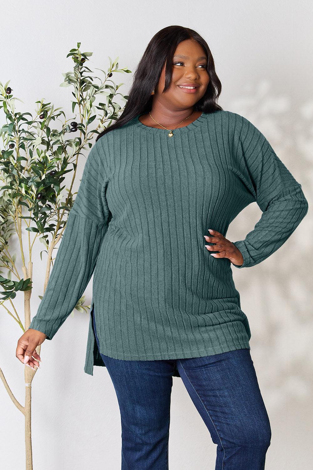 Basic Bae Full Size Ribbed Round Neck Long Sleeve Slit Top Carauana Store