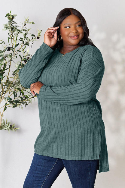 Basic Bae Full Size Ribbed Round Neck Long Sleeve Slit Top Carauana Store
