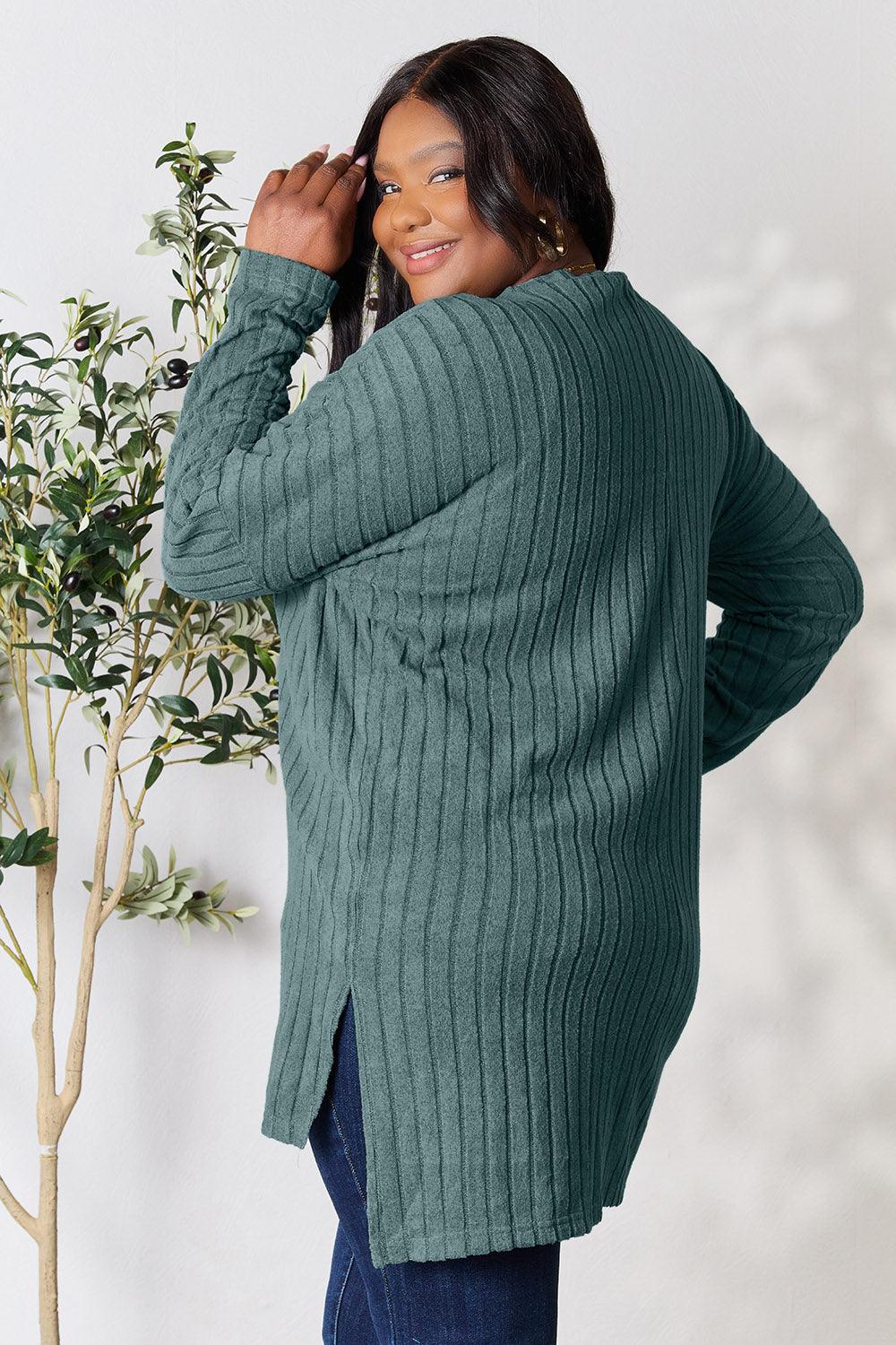 Basic Bae Full Size Ribbed Round Neck Long Sleeve Slit Top Carauana Store