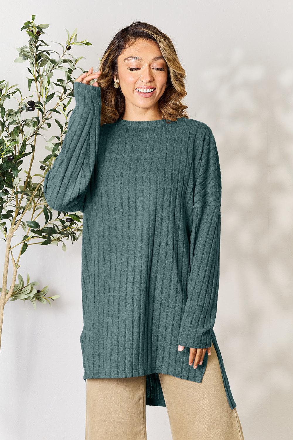 Basic Bae Full Size Ribbed Round Neck Long Sleeve Slit Top Carauana Store