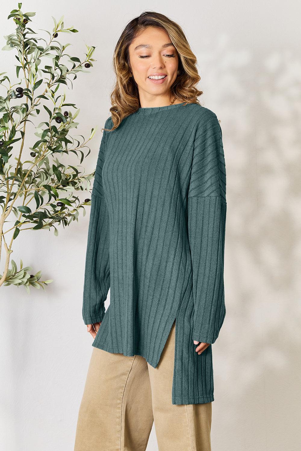 Basic Bae Full Size Ribbed Round Neck Long Sleeve Slit Top Carauana Store