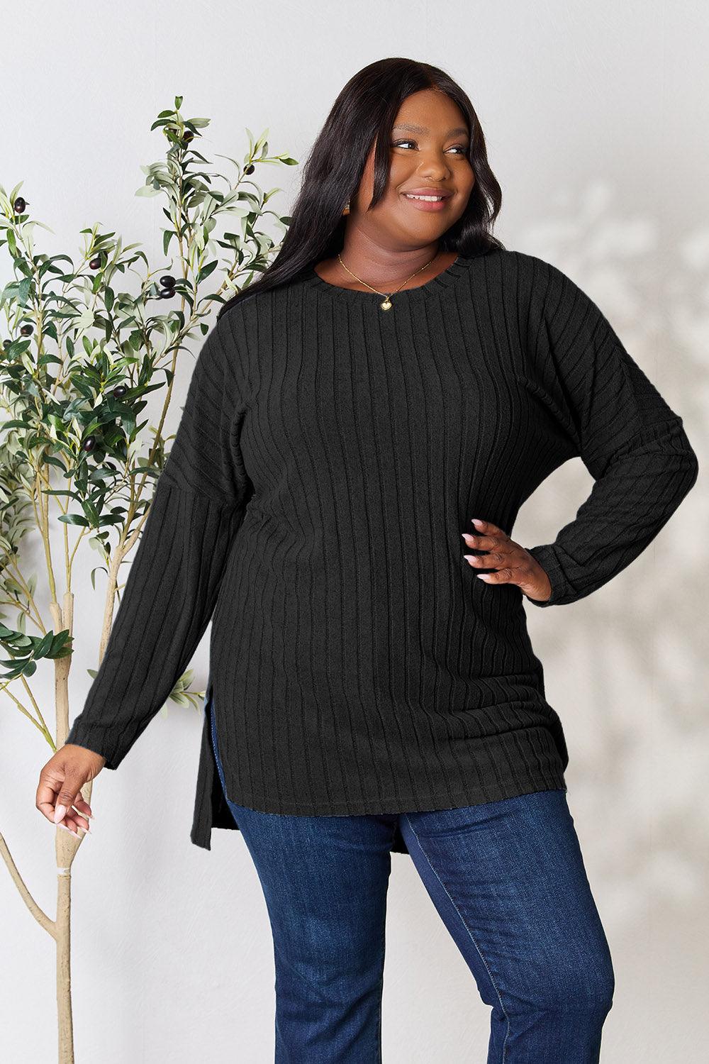 Basic Bae Full Size Ribbed Round Neck Long Sleeve Slit Top Carauana Store