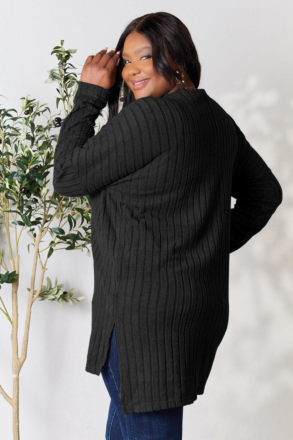 Basic Bae Full Size Ribbed Round Neck Long Sleeve Slit Top Carauana Store