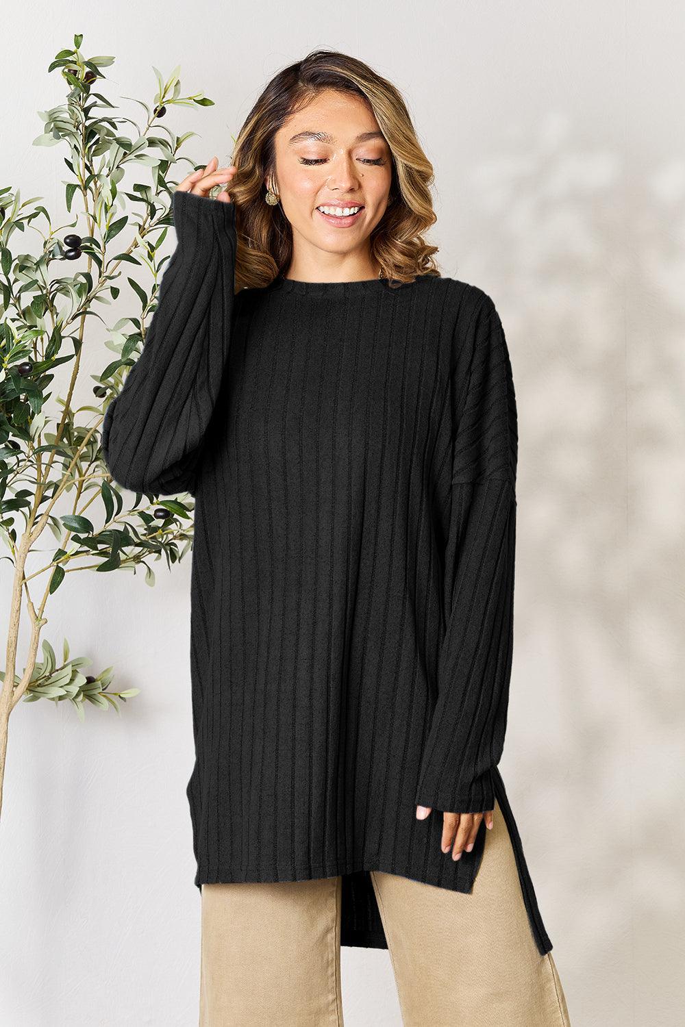 Basic Bae Full Size Ribbed Round Neck Long Sleeve Slit Top Carauana Store