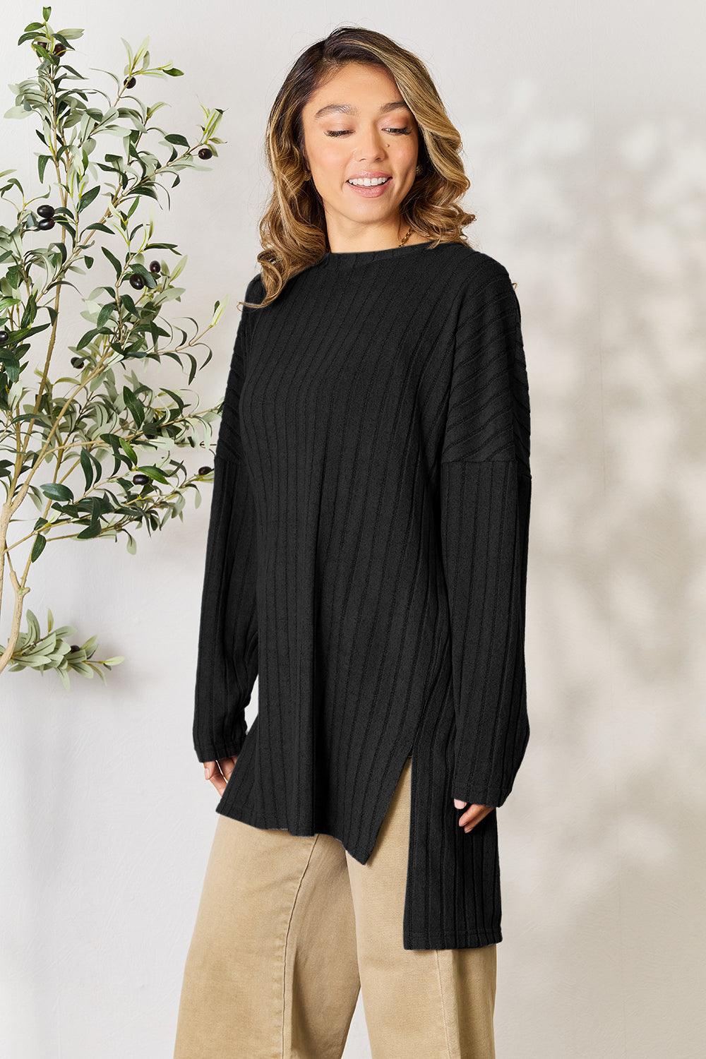 Basic Bae Full Size Ribbed Round Neck Long Sleeve Slit Top Carauana Store