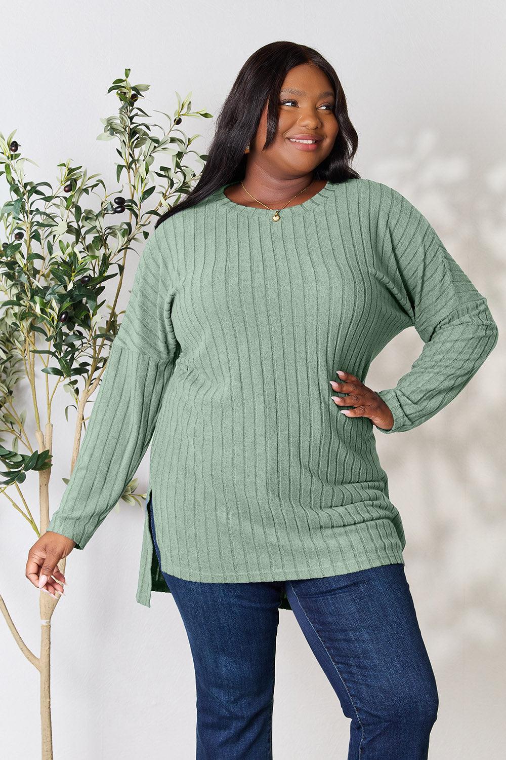 Basic Bae Full Size Ribbed Round Neck Long Sleeve Slit Top Carauana Store