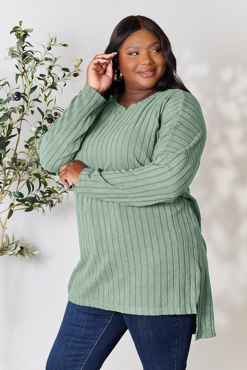Basic Bae Full Size Ribbed Round Neck Long Sleeve Slit Top Carauana Store
