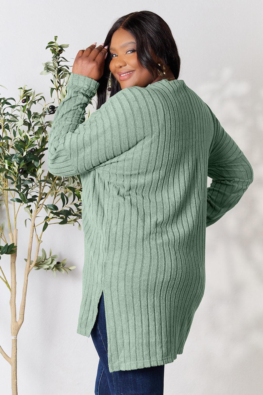 Basic Bae Full Size Ribbed Round Neck Long Sleeve Slit Top Carauana Store