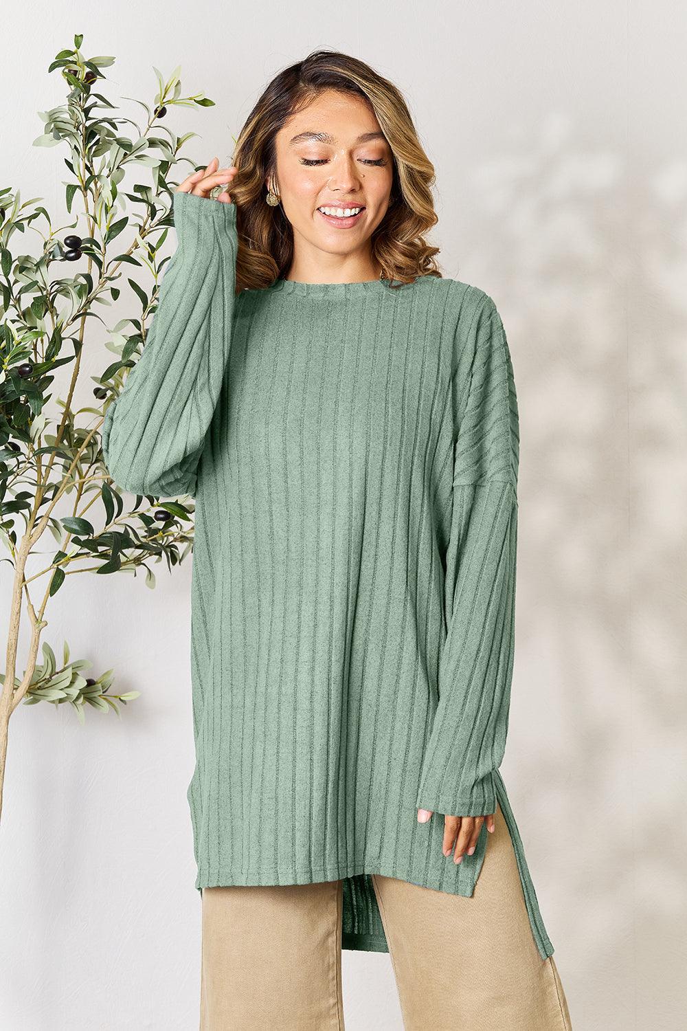 Basic Bae Full Size Ribbed Round Neck Long Sleeve Slit Top Carauana Store