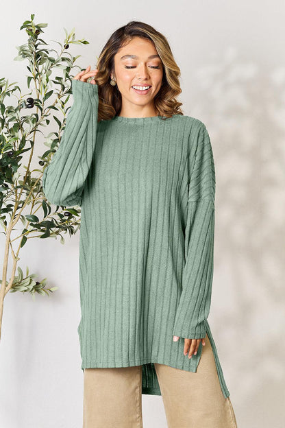 Basic Bae Full Size Ribbed Round Neck Long Sleeve Slit Top Carauana Store