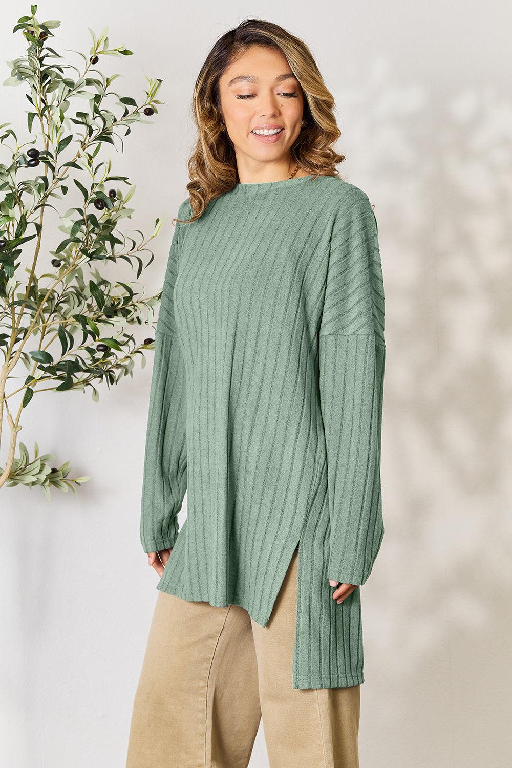 Basic Bae Full Size Ribbed Round Neck Long Sleeve Slit Top Carauana Store