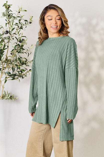 Basic Bae Full Size Ribbed Round Neck Long Sleeve Slit Top Carauana Store