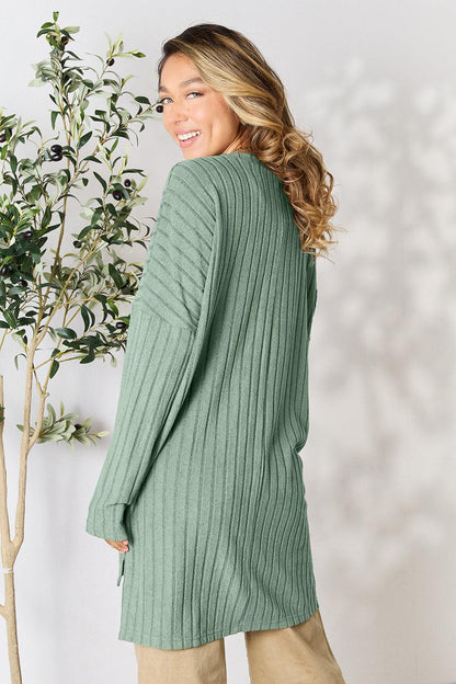 Basic Bae Full Size Ribbed Round Neck Long Sleeve Slit Top Carauana Store