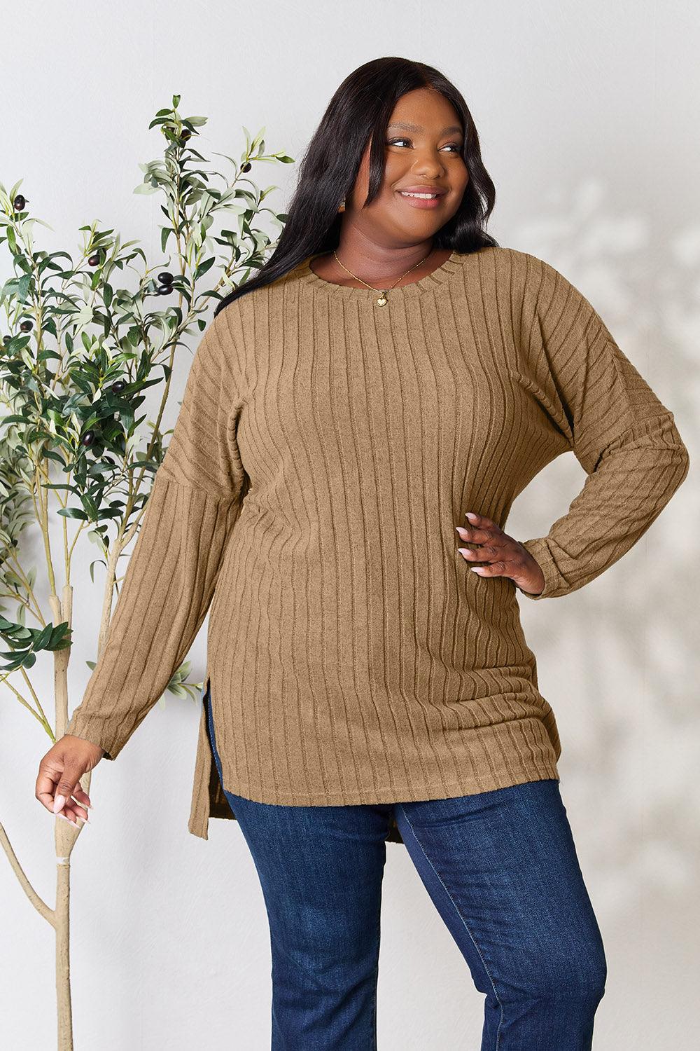 Basic Bae Full Size Ribbed Round Neck Long Sleeve Slit Top Carauana Store
