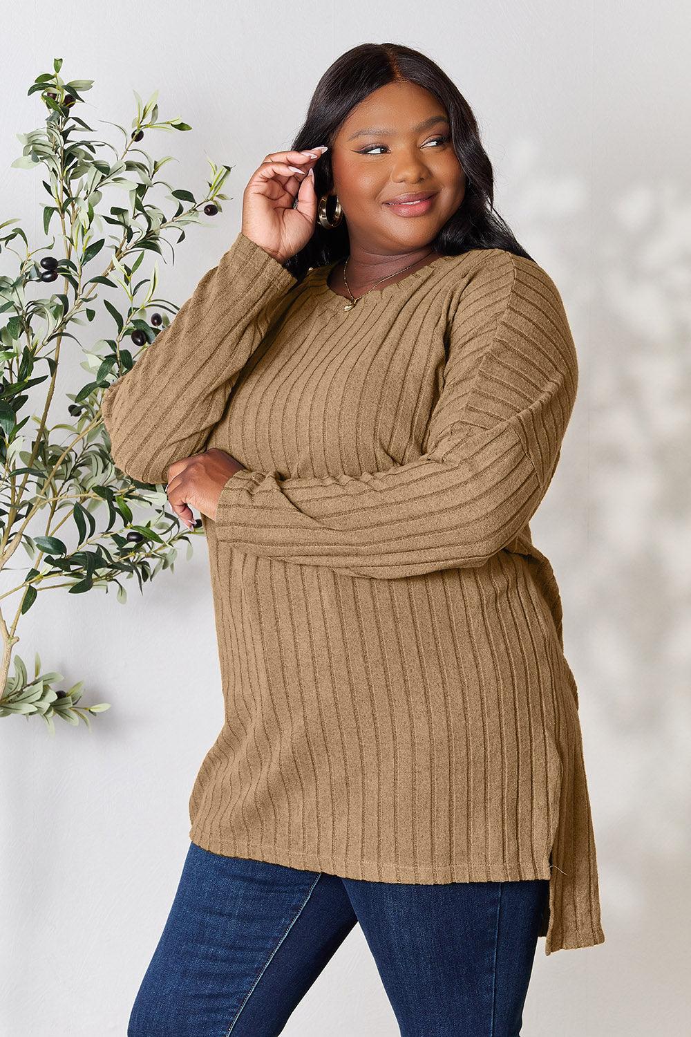 Basic Bae Full Size Ribbed Round Neck Long Sleeve Slit Top Carauana Store