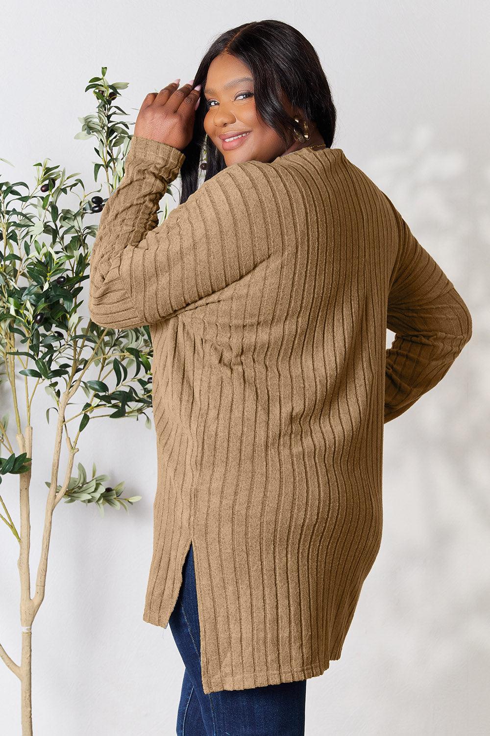 Basic Bae Full Size Ribbed Round Neck Long Sleeve Slit Top Carauana Store