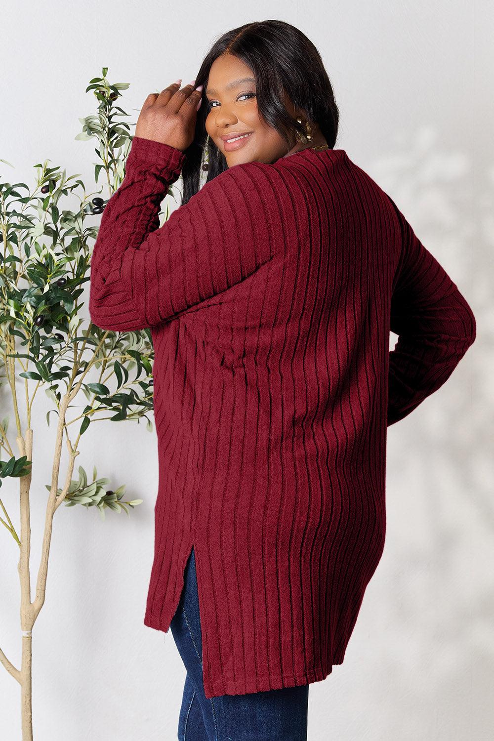 Basic Bae Full Size Ribbed Round Neck Long Sleeve Slit Top Carauana Store