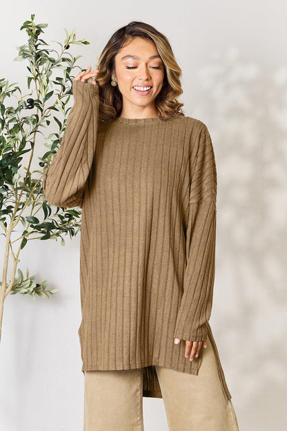 Basic Bae Full Size Ribbed Round Neck Long Sleeve Slit Top Carauana Store