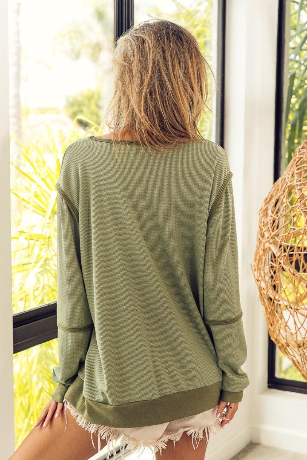 BiBi Waffle Knit Contrast Trim Long Sleeve T-Shirt Carauana Store