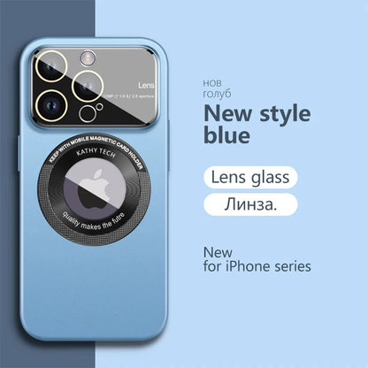 Blue phone case with lens glass and magnetic card holder on a light blue background