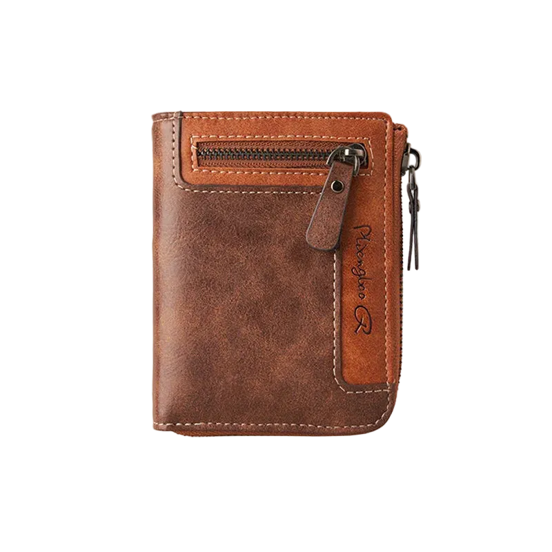 Brown leather wallet with zipper on a white background