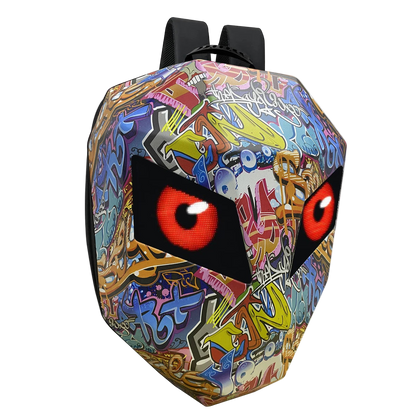 Colorful backpack with graffiti design and red eyes on a white background