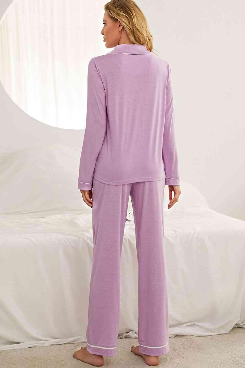 Contrast Piping Button Down Top and Pants Loungewear Set Carauana Store