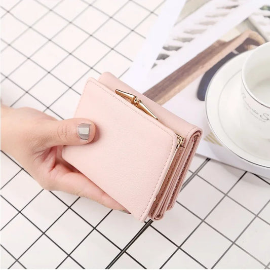 Pink wallet held by a hand on a grid background