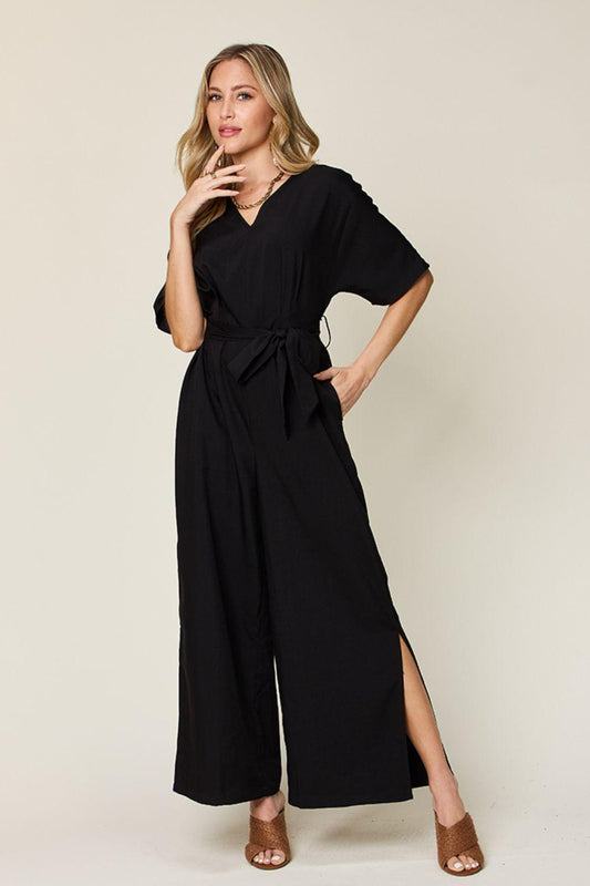 Double Take Full Size V-Neck Tie Front Short Sleeve Slit Jumpsuit Carauana Store