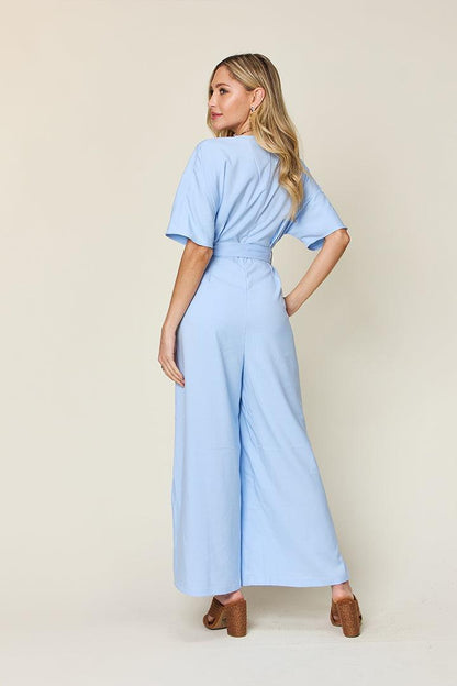 Double Take Full Size V-Neck Tie Front Short Sleeve Slit Jumpsuit Carauana Store