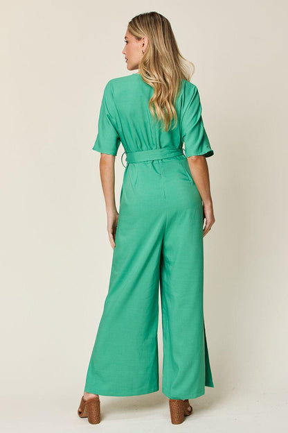 Double Take Full Size V-Neck Tie Front Short Sleeve Slit Jumpsuit Carauana Store