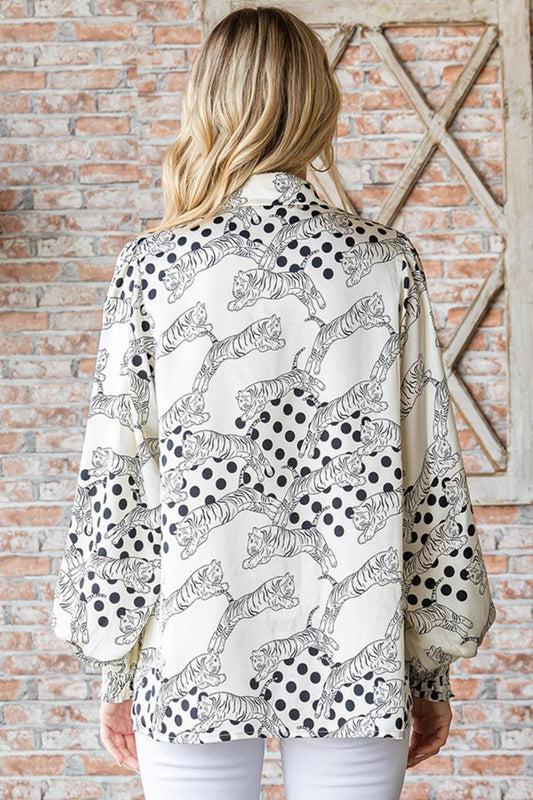 First Love Tiger Print Collared Neck Long Sleeve Satin Shirt Carauana Store