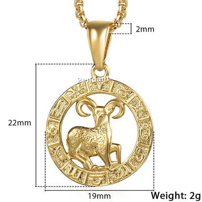 Gold Aries zodiac pendant with measurements and weight details