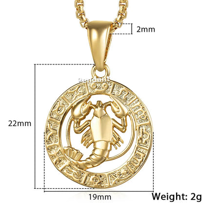 Gold Scorpio pendant necklace with measurements and weight details