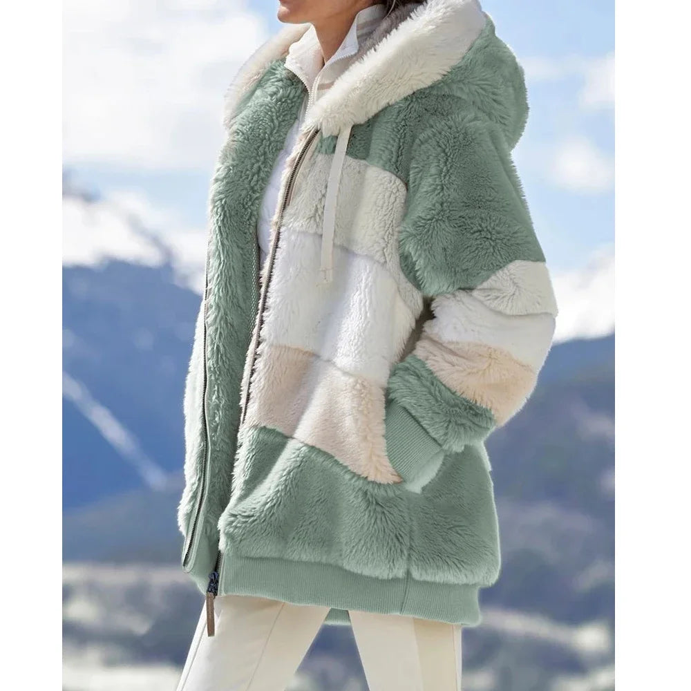 Green and white patchwork fleece jacket 
