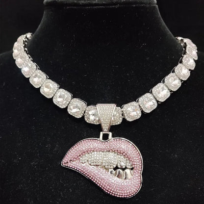 ZIDOM Bite Lip Necklace – Rhinestone Pendant