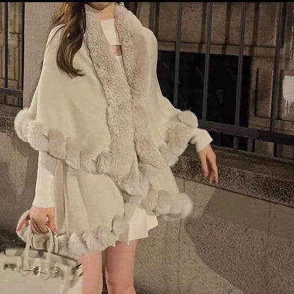 Loose Coat Faux Fox Fur Poncho Wool Coats Women Tassel Cloak Warm Outwear Carauana Store