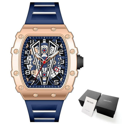MEGIR Tonneau Dial Sport Watch For Men Fashion Waterproof Quartz Wristwatches Auto Date Luminous Silicone Strap 9006 Carauana Store