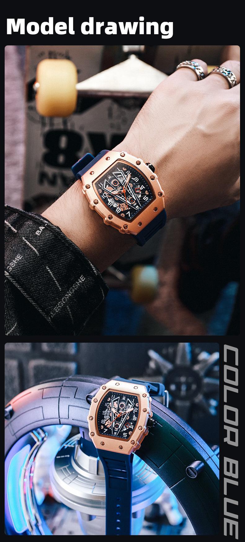 MEGIR Tonneau Dial Sport Watch For Men Fashion Waterproof Quartz Wristwatches Auto Date Luminous Silicone Strap 9006 Carauana Store