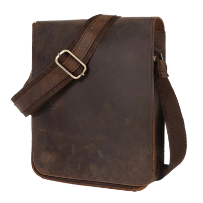 Brown leather bag with a strap on a white background, featuring the brand 'DUJIANG'.