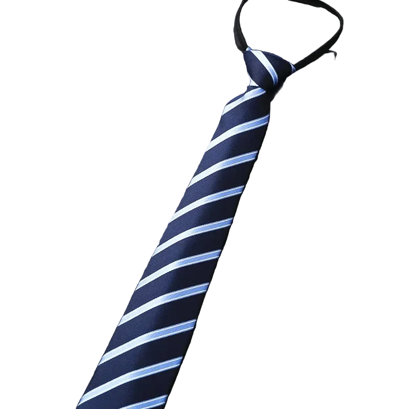 Navy blue tie with white stripes on a dark gray background
