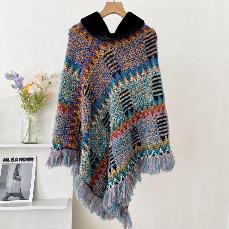 New Pullover Cloak Tassel Warm Shawl Imitation Wool Collar Ponchos Carauana Store