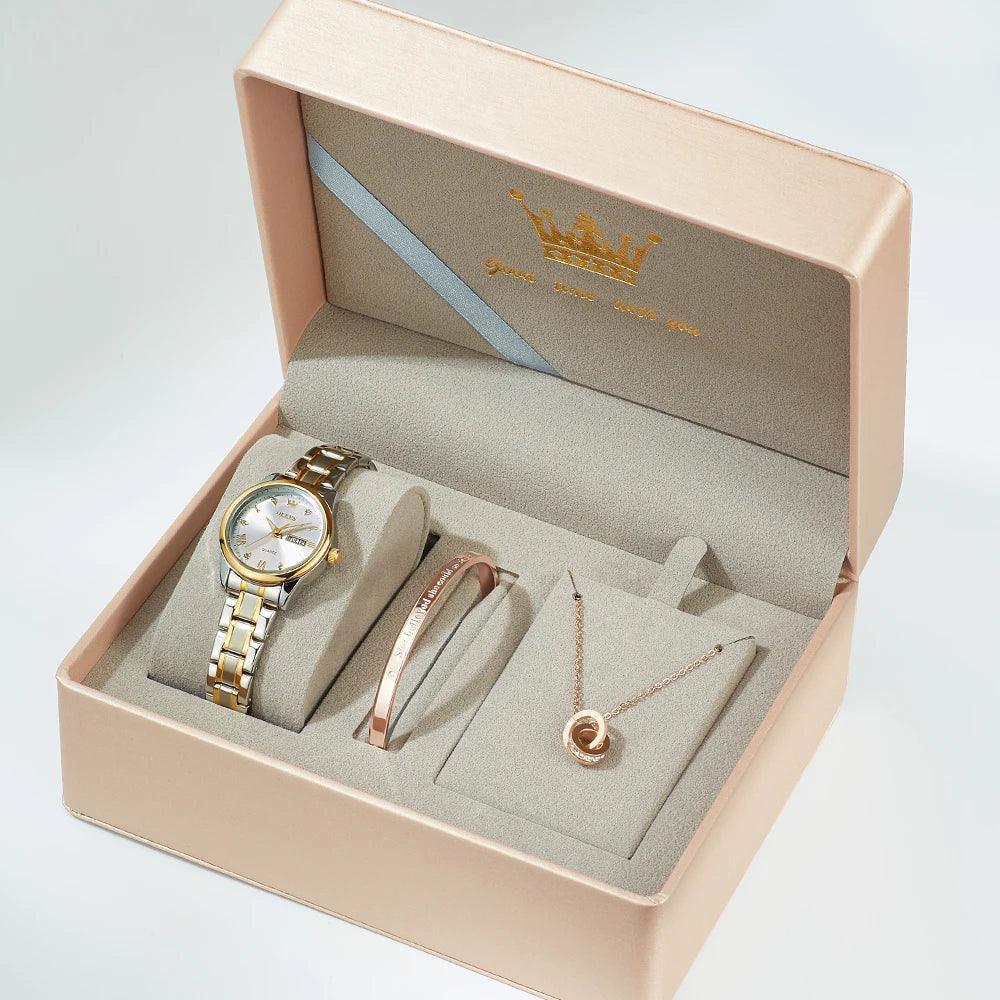 OLEVS 5567 Classic Quartz Watch for Women Set Elegant Dress Luminous Waterproof Week Date Clock Stainless Steel Wristwatch Gift Carauana Store