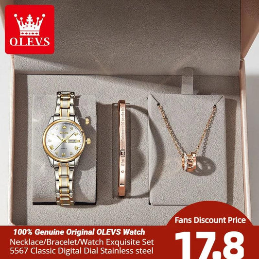 OLEVS 5567 Classic Quartz Watch for Women Set Elegant Dress Luminous Waterproof Week Date Clock Stainless Steel Wristwatch Gift Carauana Store