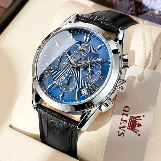 OLEVS Original Men's Watches Sport Chronograph Quartz Male Watch Waterproof Leather Strap Luminous Wristwatch 24 hour dial Carauana Store