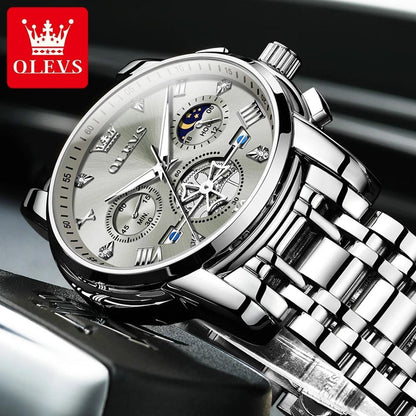OLEVS Stainless Steel Men's Watches Chronograph Moon Phase Waterproof Luminous Quartz Wrist Watch for Men Luxury Brand Man Watch Carauana Store