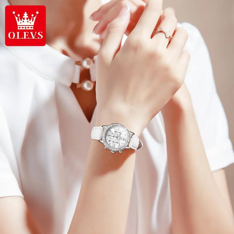 OLEVS Women's Diamond Quartz Wristwatch | Luxury Waterproof Leather Strap Multifunction Watch Carauana Store