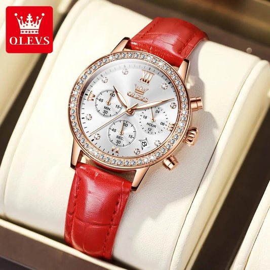 OLEVS Women's Diamond Quartz Wristwatch | Luxury Waterproof Leather Strap Multifunction Watch Carauana Store