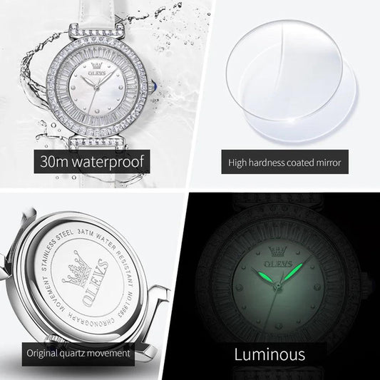 OLEVS Women's Watches Light luxury Fashion Original Quartz Watch for Ladies Waterproof Leather Strap Luminous Diamond Ring Dial Carauana Store
