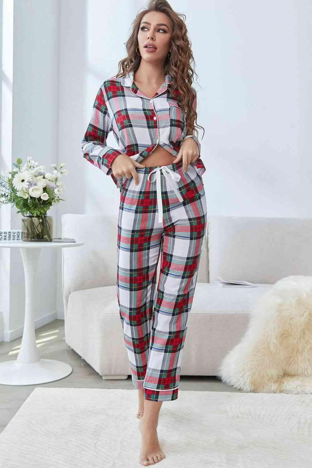 Plaid Button Front Top and Pants Lounge Set Carauana Store
